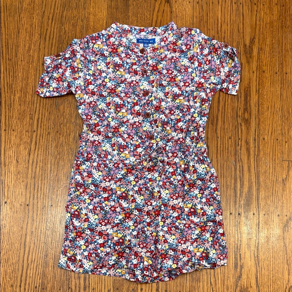 Girls Floral Short-Sleeve Romper - Red Multi